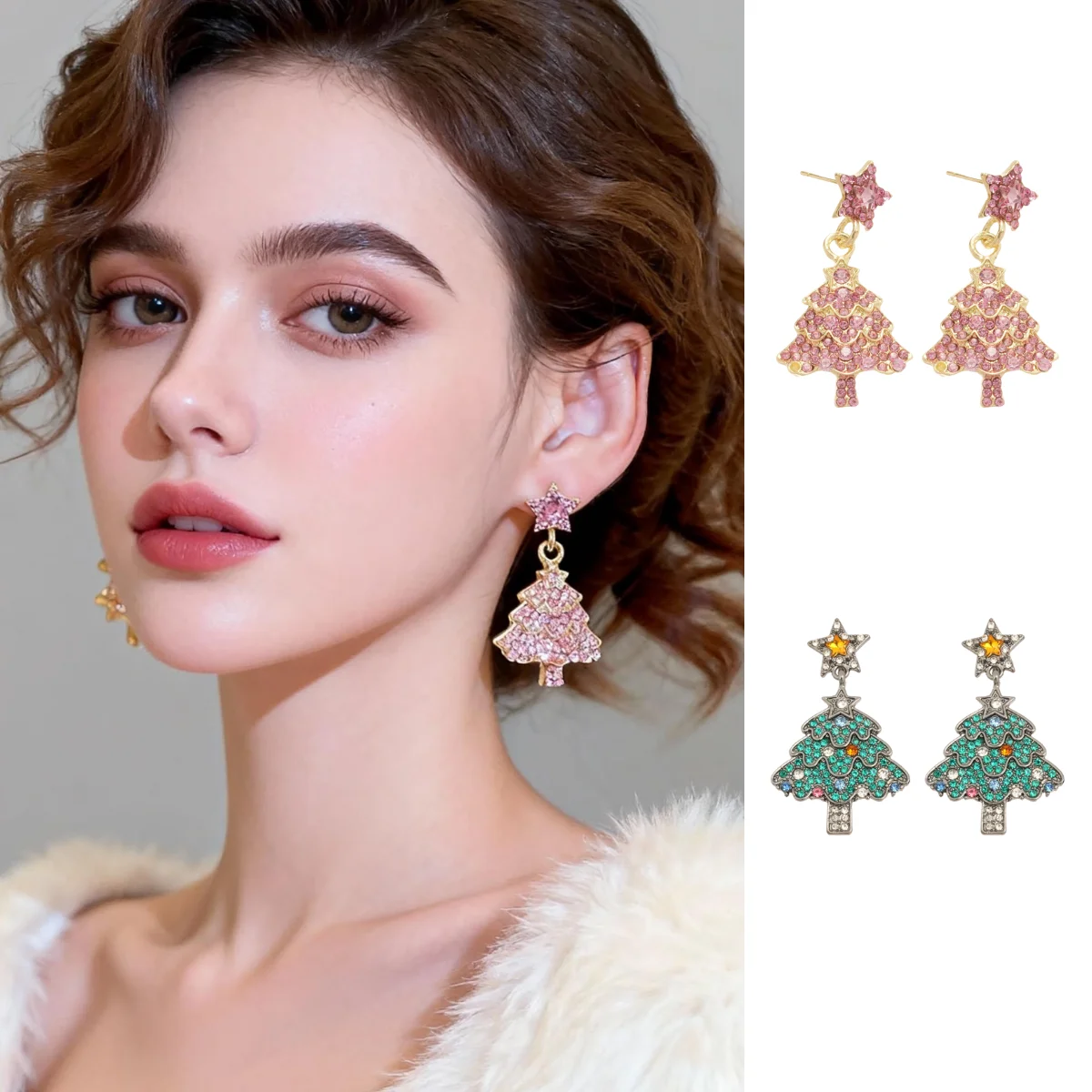 

Ultra-Sparkling Diamond-Studded Star Christmas Tree Silver Stud Earrings Fashionable Christmas Atmosphere Holiday Jewelry