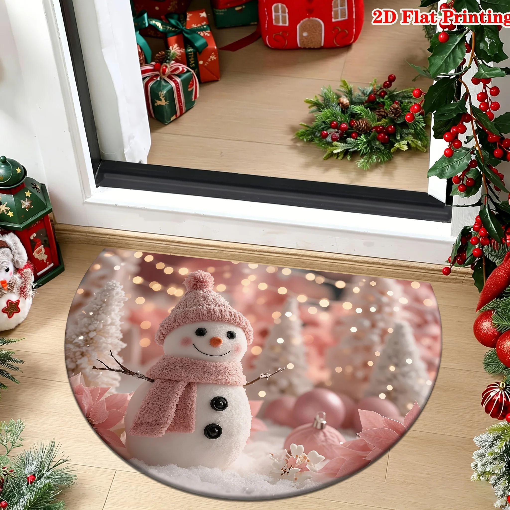 Gingerbread Man Red Hat Scarf Christmas Tree Snowflake Semi Circle Doormat For Holiday Entryway Non Slip Welcome Floor MaT