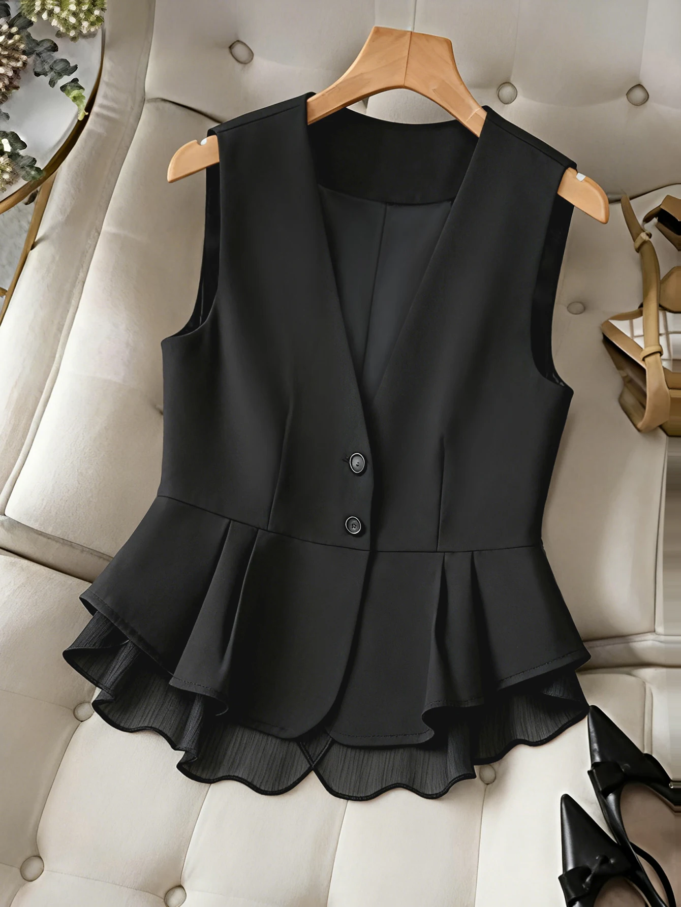 Women's Elegant V-Neck Peplum Vest, Sleeveless Button Down Blazer Waistcoat with Layered Chiffon Hem for Business Casual Office