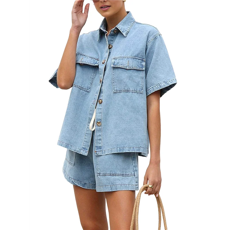 ABRT-ملابس نسائية من قماش الدنيم مكونة من قطعتين بأكمام قصيرة وأزرار سفلية وقميص برباط مجموعة ملابس جينز غير رسمية