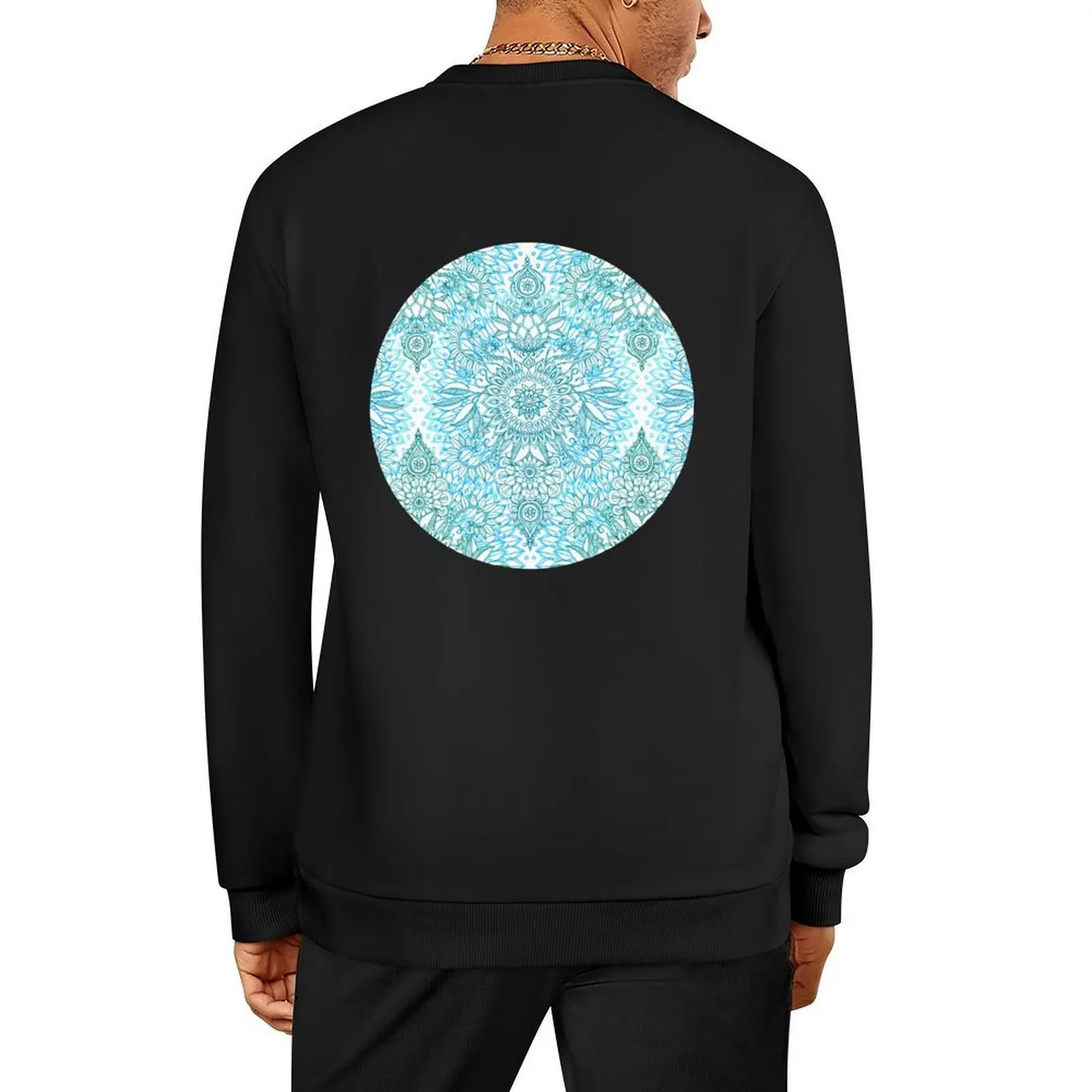 

Turquoise Blue, Teal & White Protea Doodle Pattern Pullover men clothing korean style clothes blouse hooded sweatshirts