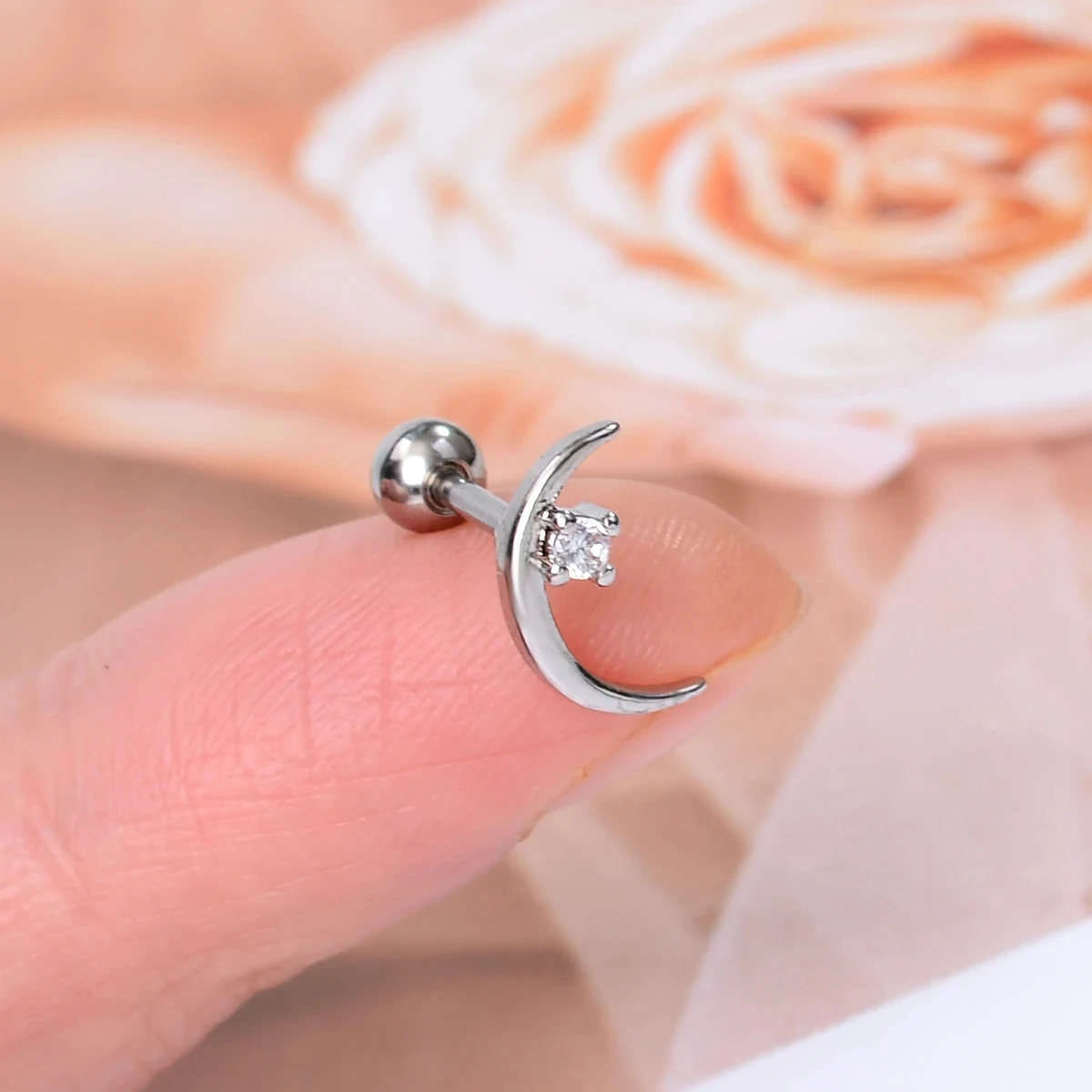 Curved CZ Cartilage Stud Moon Leaf Earring, Stainless Steel