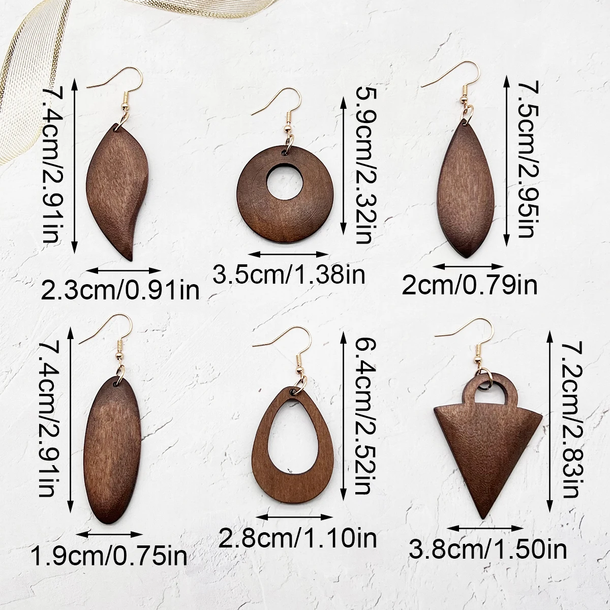 6 pairs/sets of simple vintage coffee-colored geometric wooden earrings and earrings, popular and versatile fashion accessories