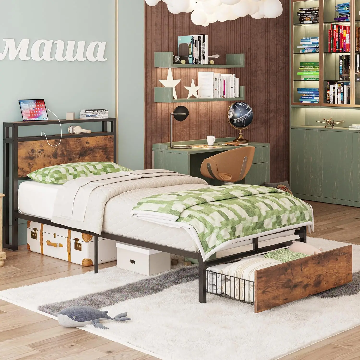 

Twin Bed Frames With Drawer, Storage Headboard With Outlets, No Box Spring Ned, Easy Assembly, Vintage Brown