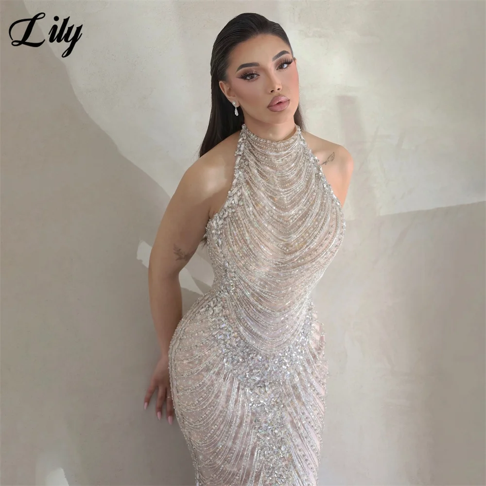 Lily White Luxury Formal Gown Draped Layered Rhinestone Prom Dresses Halter Mermaid Evening Dress Sleeveless 프롬 드레스 Customized