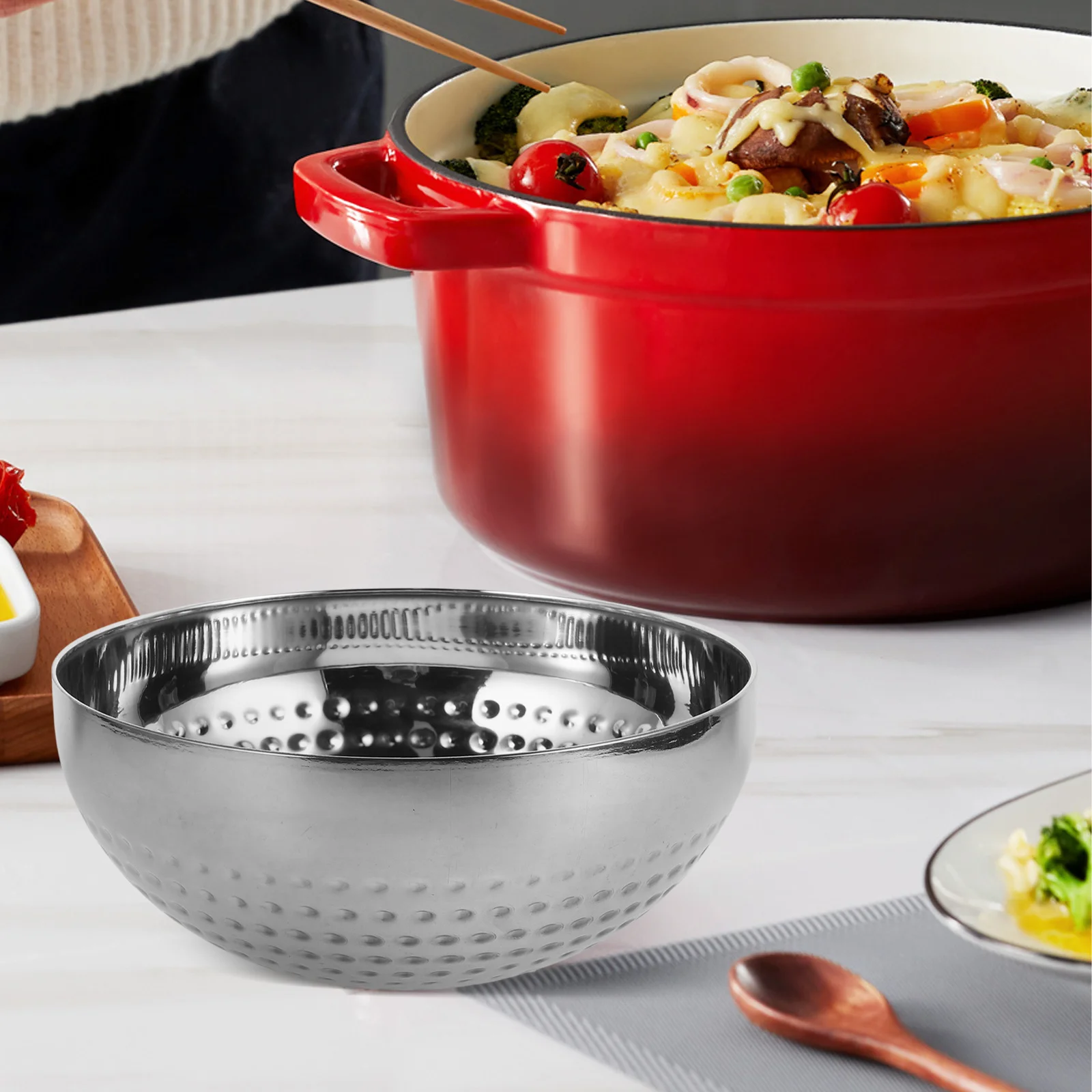 

Hammered Salad 20 Cm Stainless Steel Mixing Bowl For Dough Eggs Baking Food Prep Kitchen Silver Chilled Serving Decorative