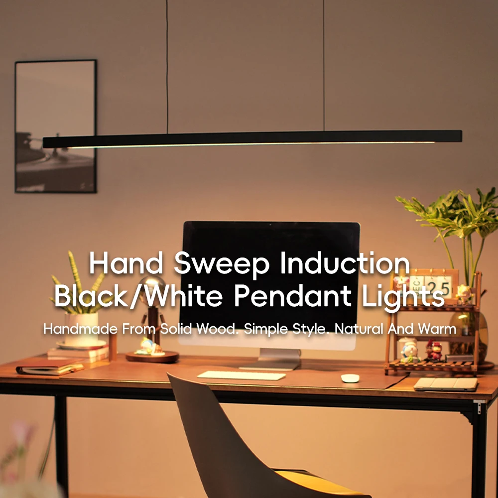 Wood Pendant Lights LED Hand Sweep Sensor Pendant Light Black/White Wood Hand Scan Hanging Lamps for Kitchen Dining Room Office