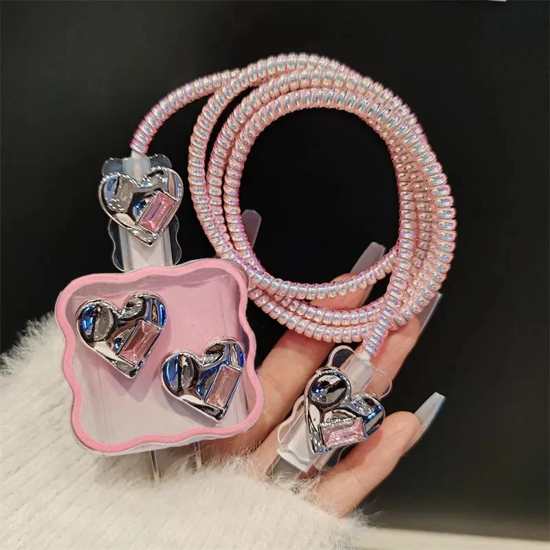 Korea Pink Cute Diamond Love Heart Charger Cover For IPhone 11 12 13 14 15 18W-20W Charge Protection Cover Clear Charger Sleeve