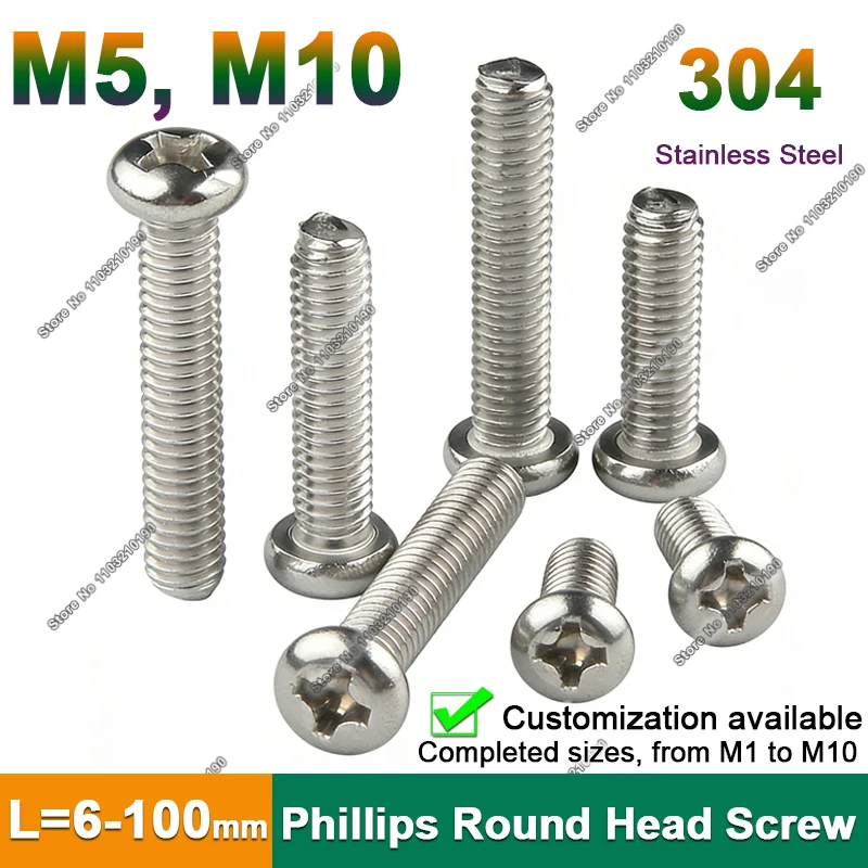 10-100pcs Stainless Steel Cross Phillips Pan Round Head Screw M5 M10 Bolts Fasteners for Electronic Equipment Home Repair DIY