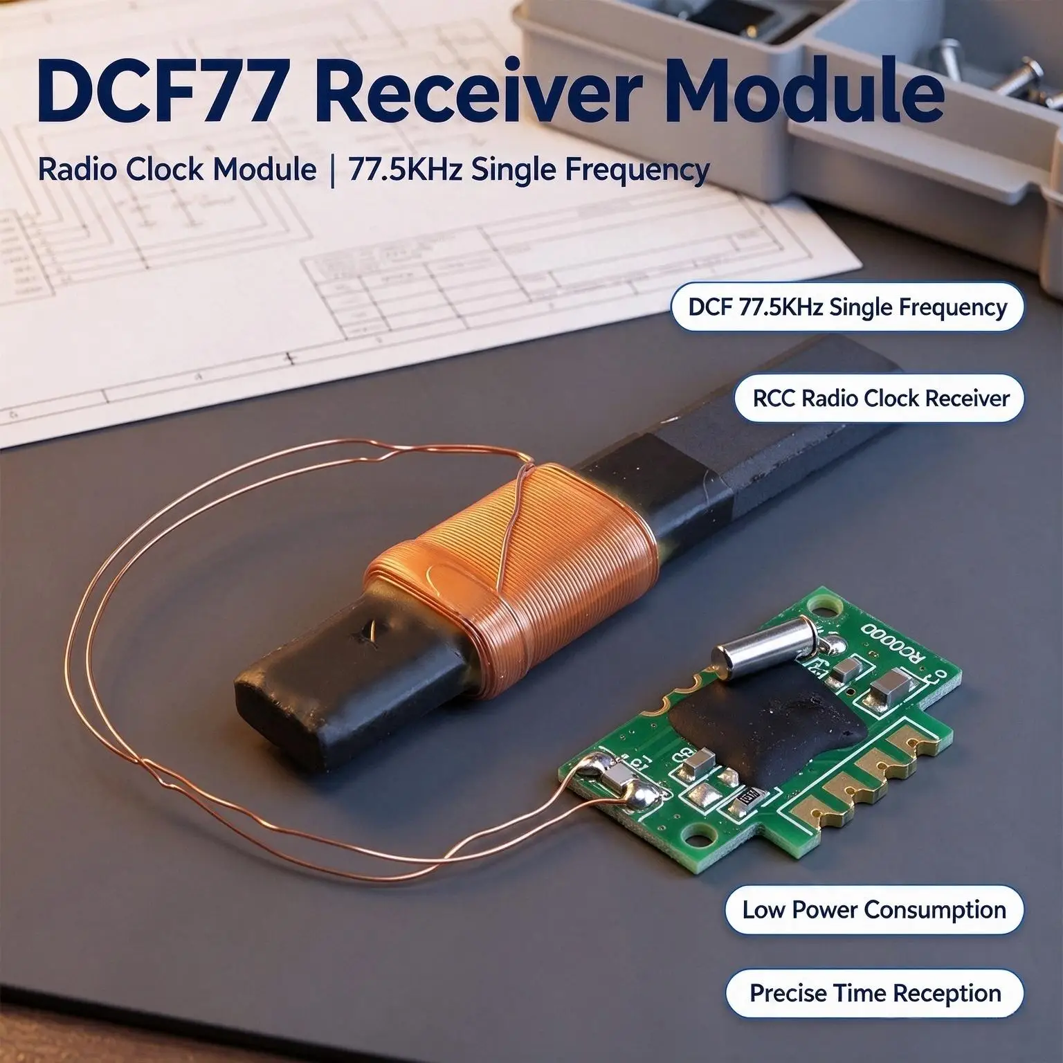 DCF77 Receiver Module RCC Radio Clock Module Auto Time Sync with DCF Antenna Support 77.5 kHz Single-Frequency for DIY Projects