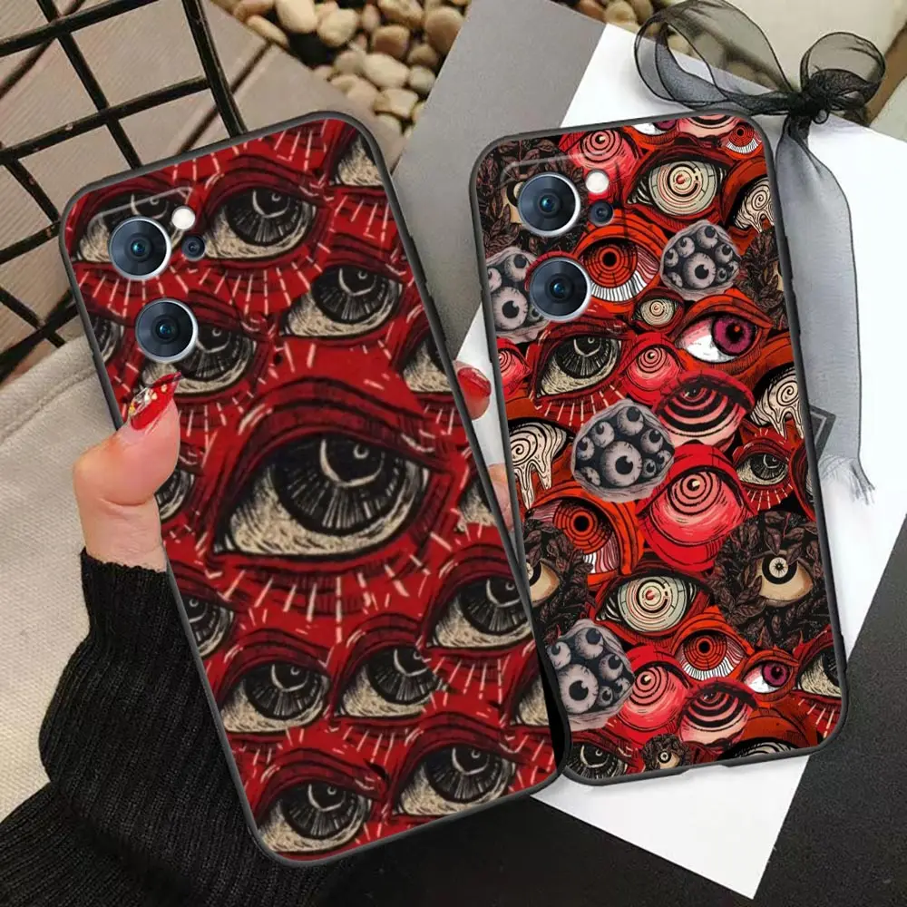 Black Scary Face Eyes Phone Case For OPPO Reno 10 8 8T 7 7Z 6 5 5F 4 FIND X5 X3 X2 Pro Plus Lite 4G 5G Black Soft Silicone Cover