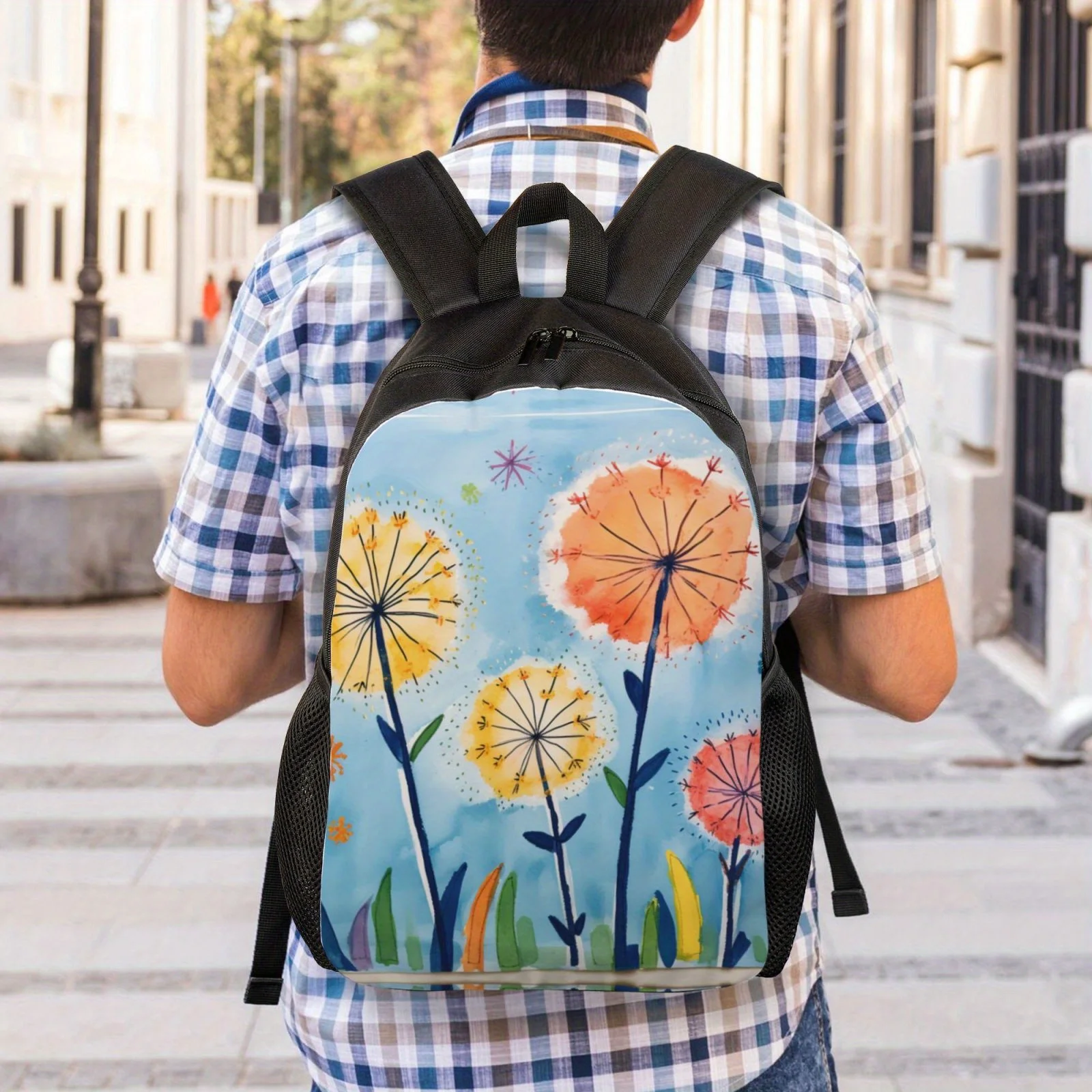 Colorful Dandelion Print Lightweight Adjustable Black Men's and Women's Backpacks, High School and College Bookbags