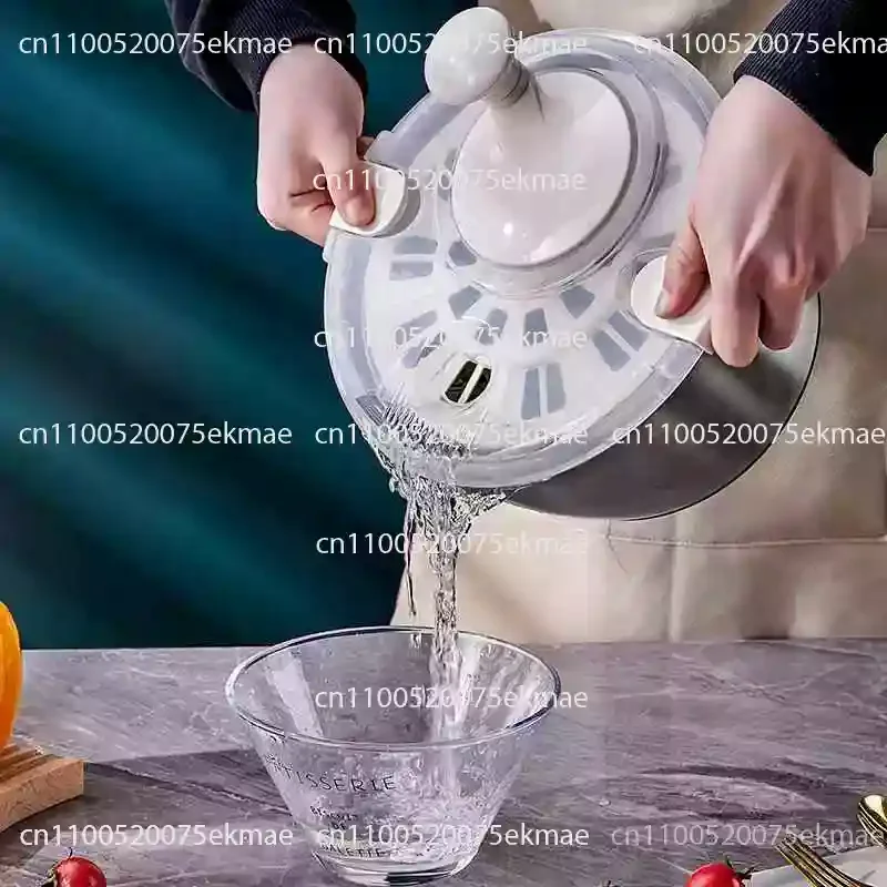 Stainless Steel Salad and Vegetable Dehydrator, Hand-Crank Spin Dryer, Drain Basket, Vegetable and Fruit Washing Bowl