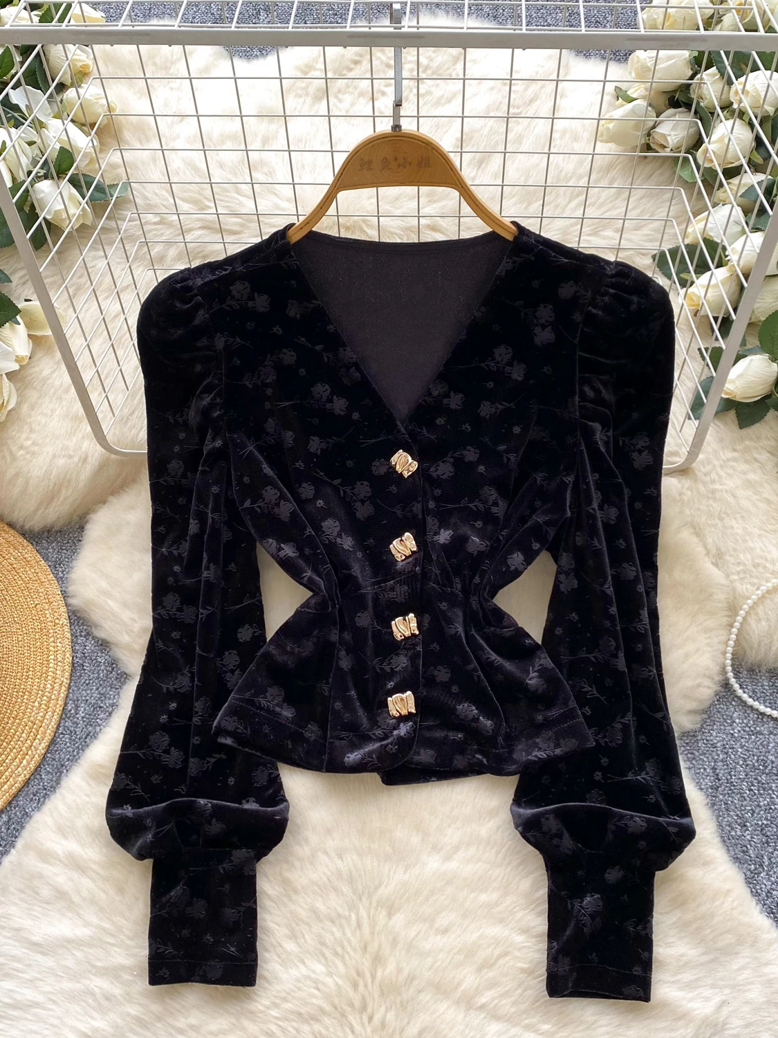 بلوزة ريترو ليليك فيلفيت مطبوعة irt للسيدات للخريف والشتاء للتخسيس على شكل حرف V بلوزة Sve قابلة للتنفس ومتعددة الاستخدامات