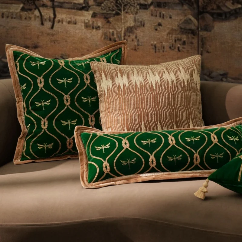 Chinese Green Color Pillow Dragonfly Embroidery Cushion Case Luxury Retro Decorative Pillow Cover For Sofa Chair Home Decoration