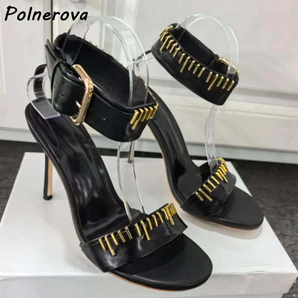 Metal Gold Decor Sandals Ankle Strap Open Round Toe Thin Stiletto Heel Shoes Luxury Metallic Black Gold Women Summer Shoes