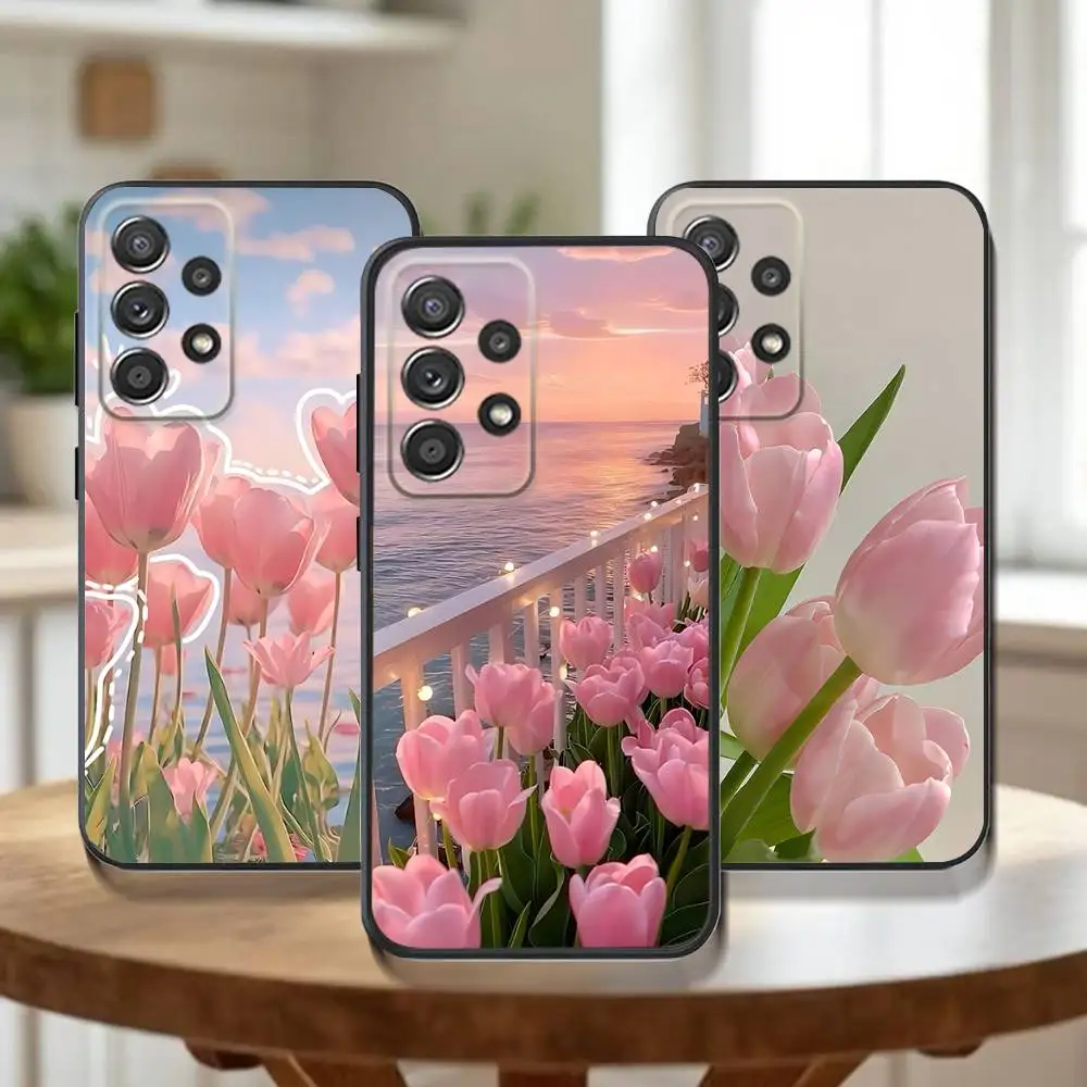 

Tulip flower Phone Case For Samsung Galaxy A 91,80,73,72,71,53,52,51,22,5G Shockproof Soft Black Cover