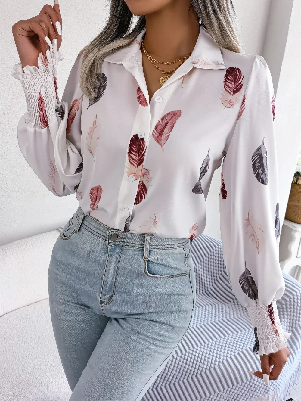 Women Casual Feather Print Collar Long Sleeve Shirt White Pink Blue