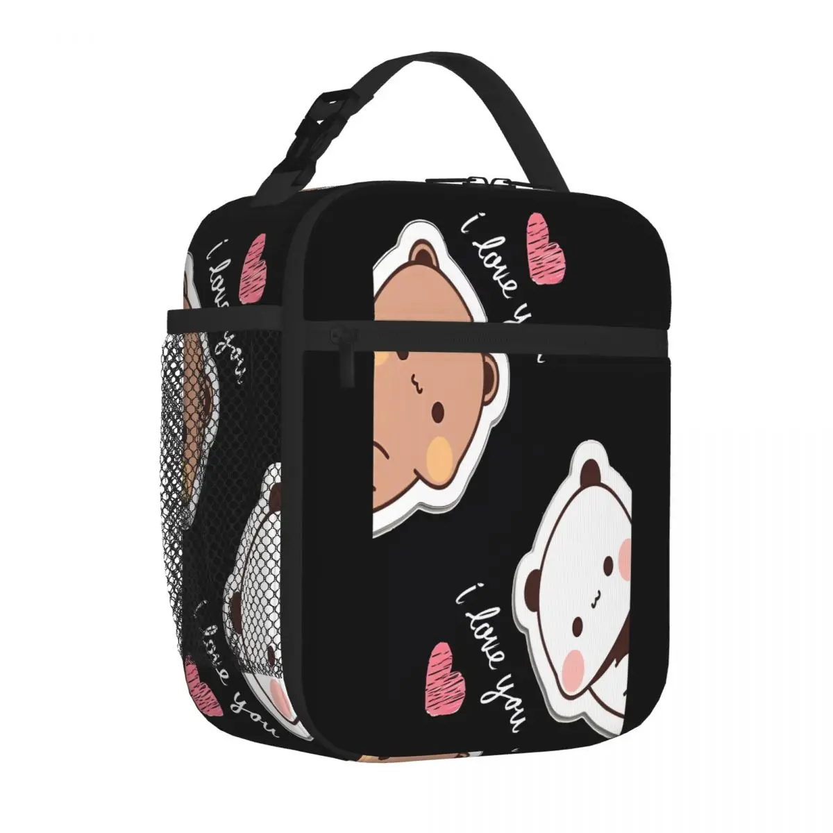 Bestselling I Love You Bear And Panda Dudu And Bubu Canvas Texture Nylon Lunch Bag After School Snack Lunch Carrier