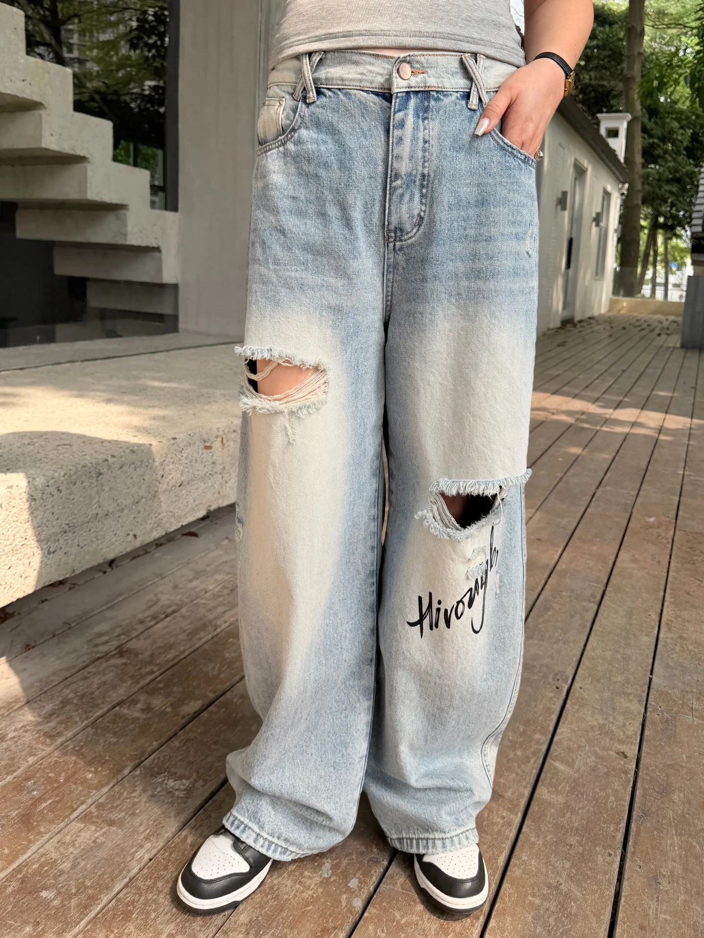 

Cool Large Size Women's Distressed Wide Leg Jeans Summer New Style 200 Pounds Fat MM Elastic Waist Cotton Polyester Blend