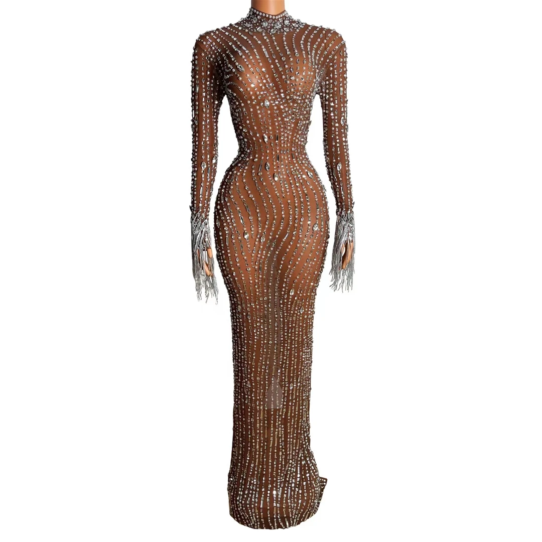 Beautiful Brown Mesh Crystal Long One Piece Dress Glam Mesh Diamond Fringed Party Dress Night Clubwear Birthday Outfits Qingliu