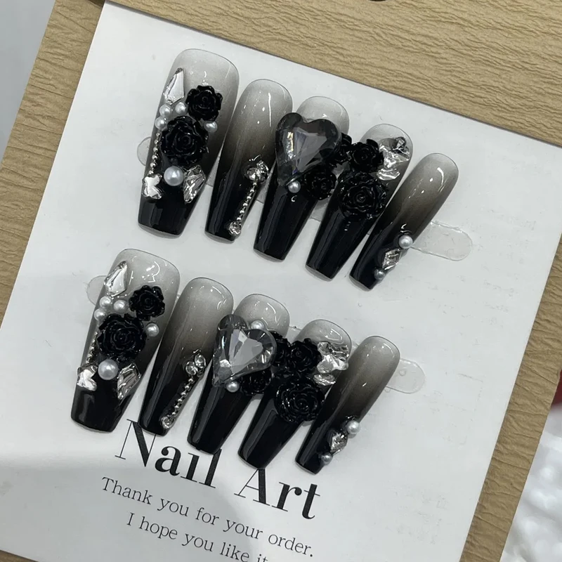 10 قطعة نمط رائع حلو الراقية الأسود التدرج اليدوية الصحافة على الأظافر كاميليا رصع الماس نمط طويل موضة مسمار التصحيح