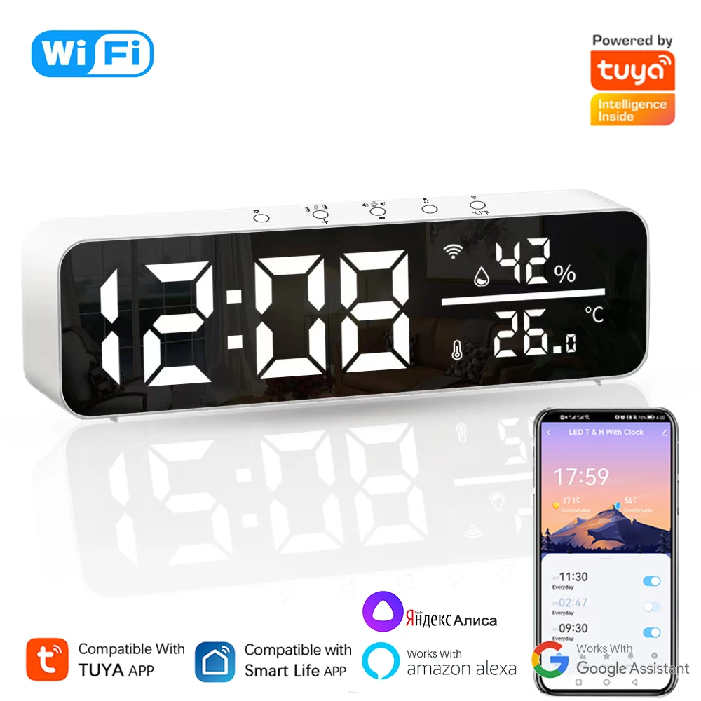 

Умный светодиодный цифровой будильник Tuya WiFi с датчиком температуры и влажности, приложение, дистанционное управление временем, поддержка Alexa Google Home