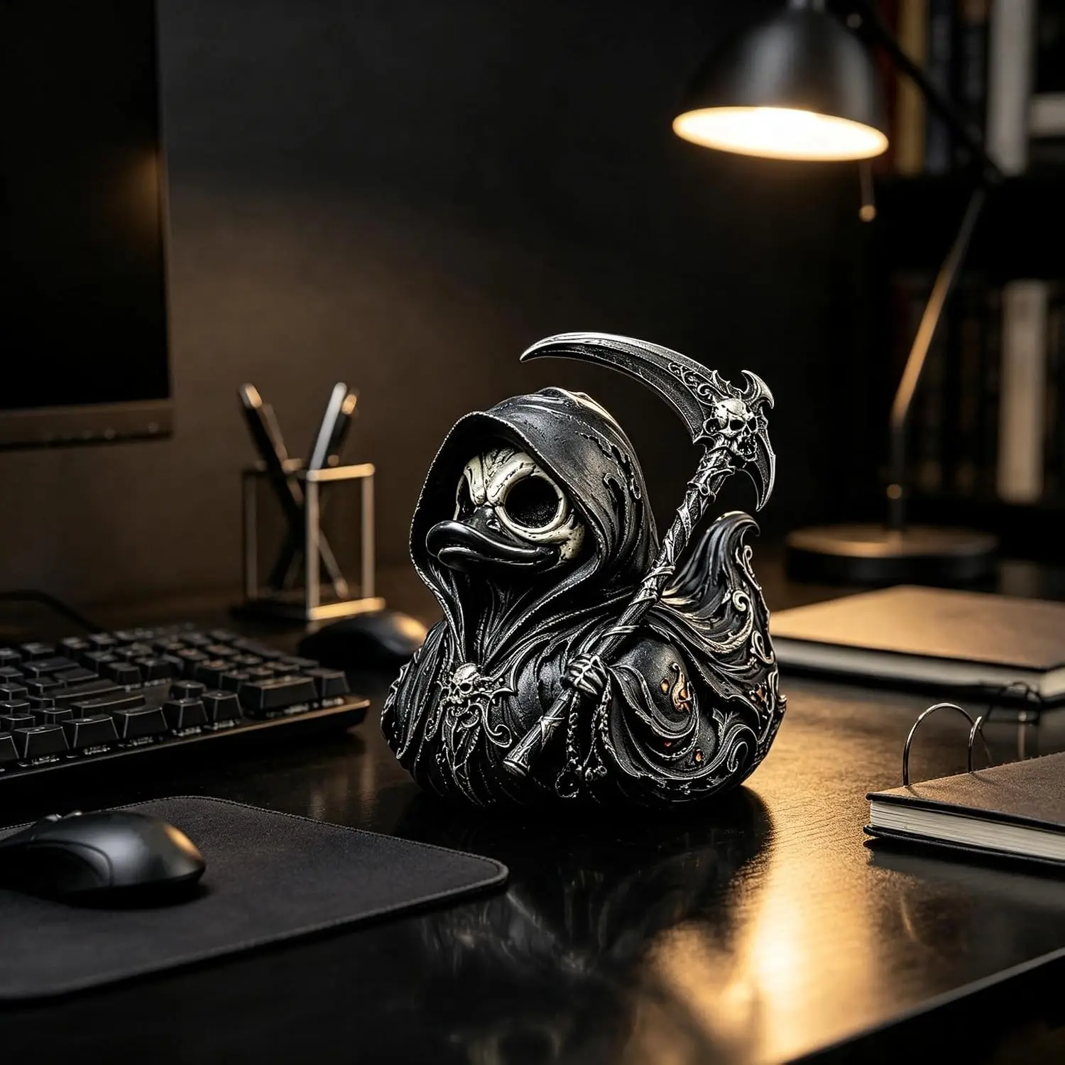Obrázek 7: Grim sekačka gotický sběratelskou kachna, halloween kostlivec s kapucí kachna figurka, vintage temný pryskyřice kachna sochu dekorace