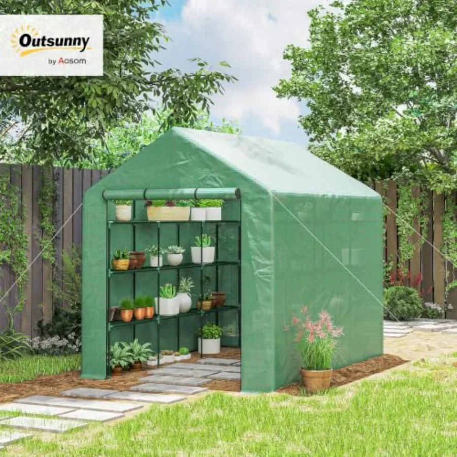 Walk-in house PE cover for storage use, white, durable and weather-resistant with 4-tier shelves