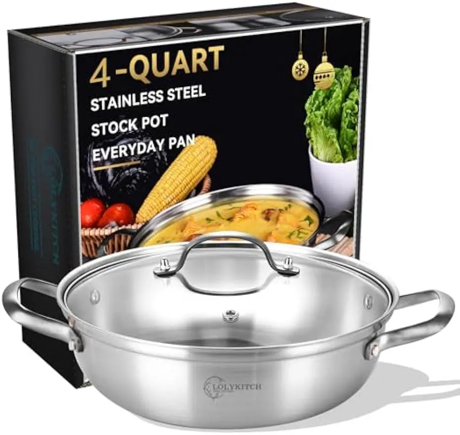 

12-Inch Tri-Ply Stainless Steel Sauté Pan with Lid, 4 QT Hot Pot, Induction Compatible, Dishwasher Safe