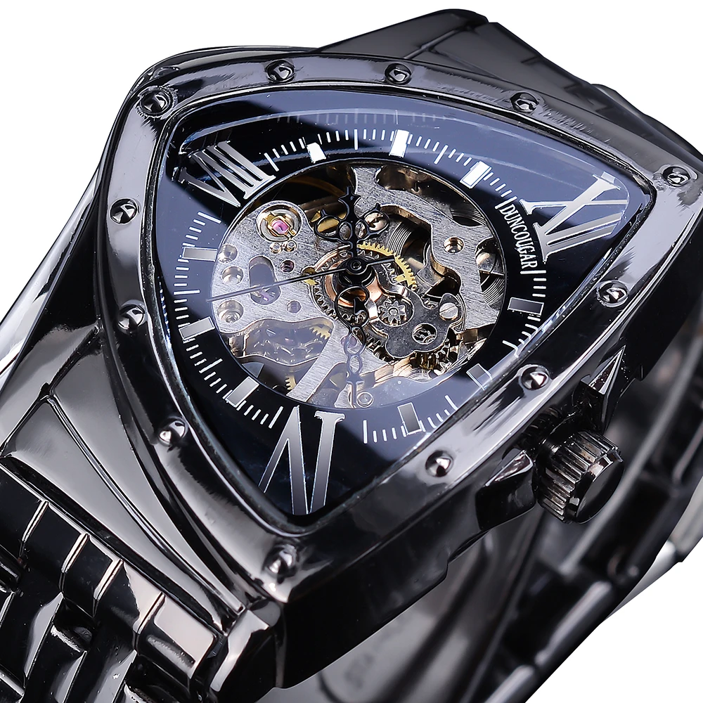 

Forsining Men Skeleton Automatic Mechanical Watch Gold Vintage Man Watch Triangle Wristwatches Luxury Irregular Clock Black Dial