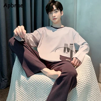 Pijama de manga comprida com gola em o masculino, pijama de calças compridas, roupa caseira plus size, 100% algodão puro, moda outono, inverno, L a 3XL