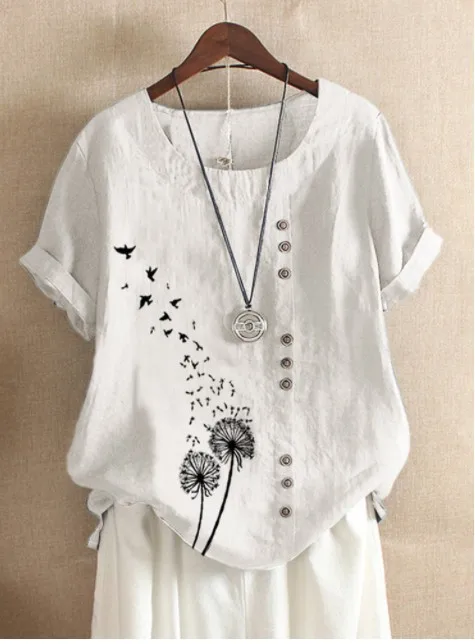 Retro Cotton Linen Print Loose T-Shirt Women's Casual