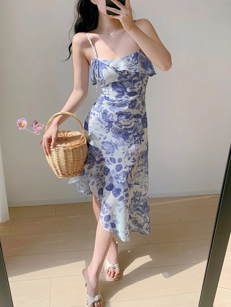 2024 Summer New French Style Slim Slit Long Dress Women Pure Desire Style Floral Floral Ruffle Edge Suspender Dress Y2KY