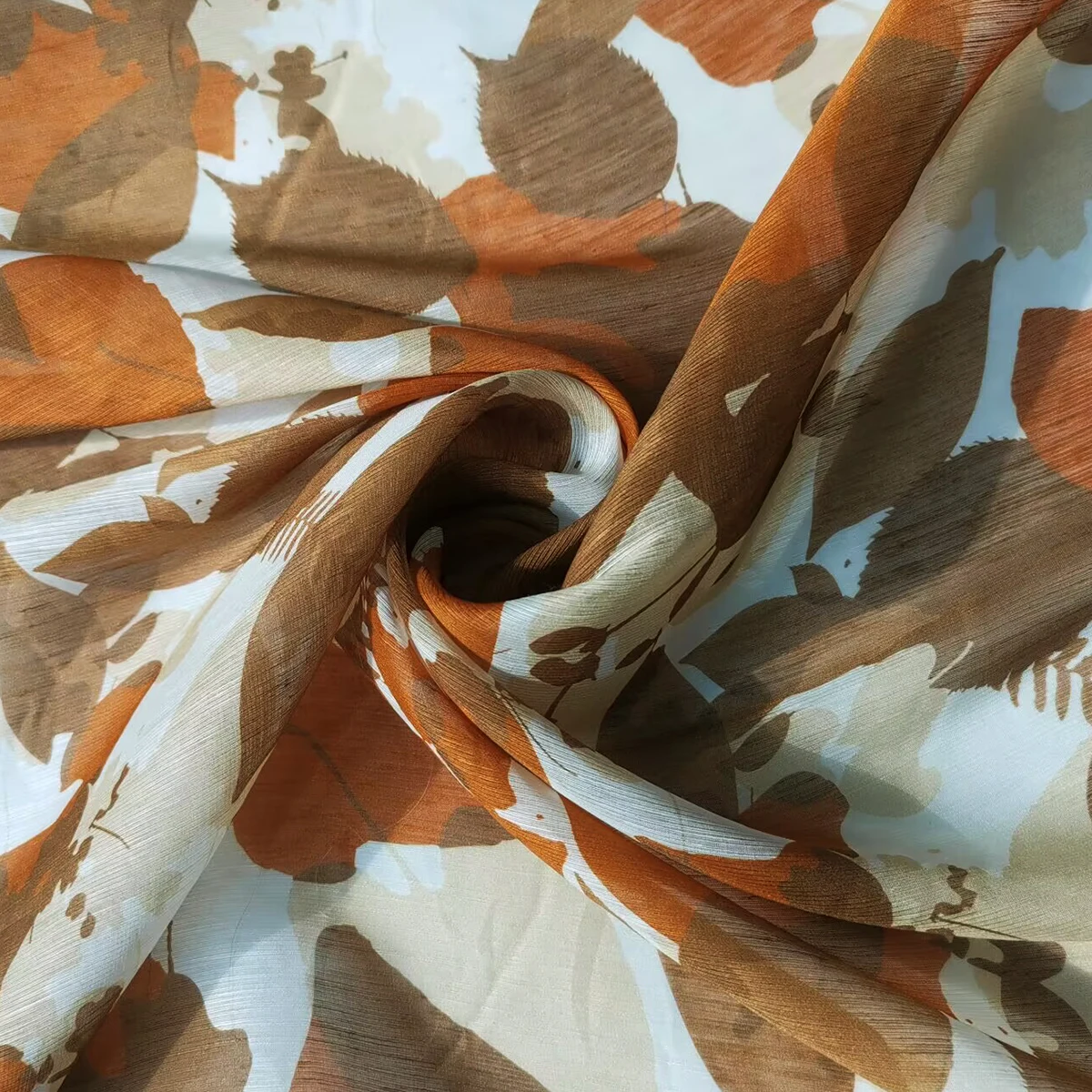 1 meter X 1.4 meter Brown Leaf Print Silk Linen Gauze Fabric Slubbed Flax Silk Lining Dress Material