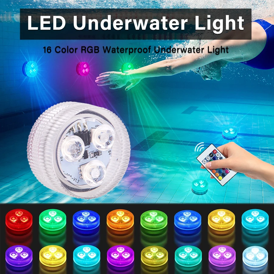 RGB LED Underwater Submersible Lights 16 Colors Remote Control Swimming Pool Light Fish Tank Vase Party Outdoor Garden Decor