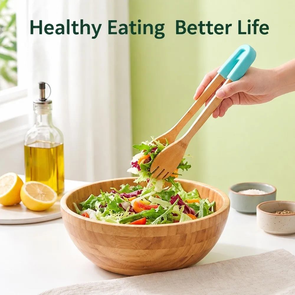 New Bamboo Food Tongs Multi Color Option Silicone Connector Bread Clip Handheld Style Spoon Fork Head Grill Tongs Bread Pick Up