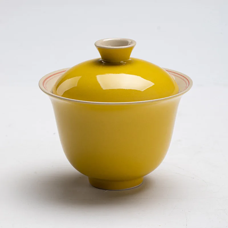 Lemon Ceramic Gaiwan Hand-painted Double Line Antique Mud Master for Home Room Yellow Tea Bowl
