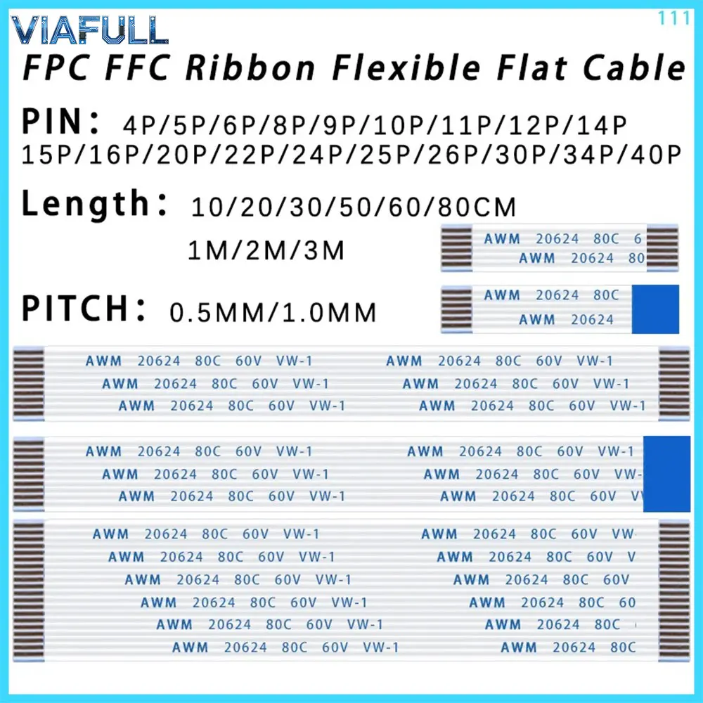 FFC/FPC Flexible Flat Cable 0.5mm 1.0mm Pitch, 4-80P Type A & Type B 100mm Length, PET PE Insulated Ribbon Wire for LCD Display