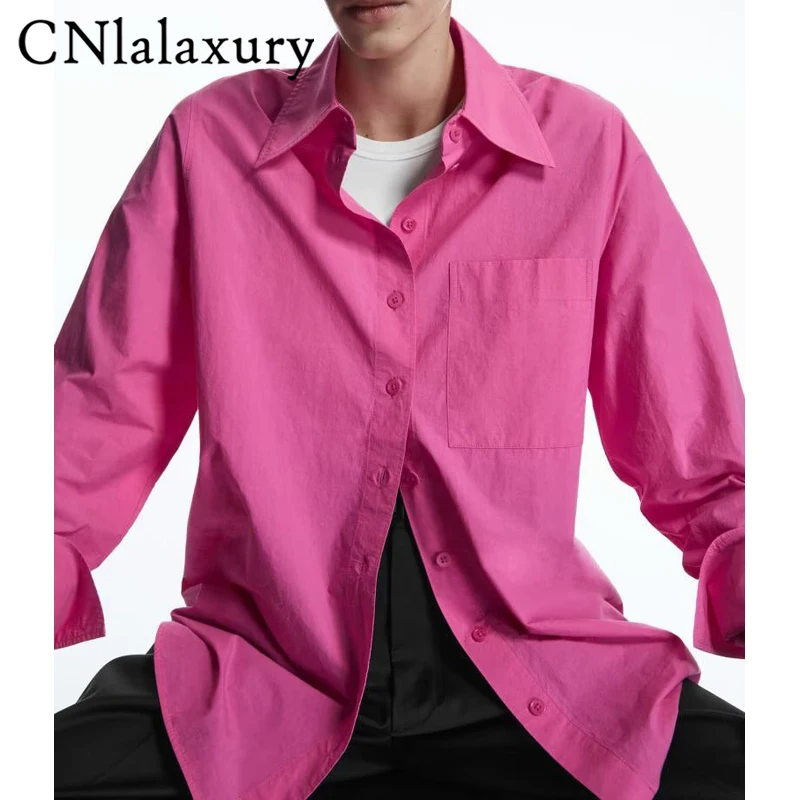 CNlalaxury 2023 Women Vintage Solid Cotton Shirt Blouse Long Sleeve Female Casual Loose Shirts Pocket  Blusas Femininas