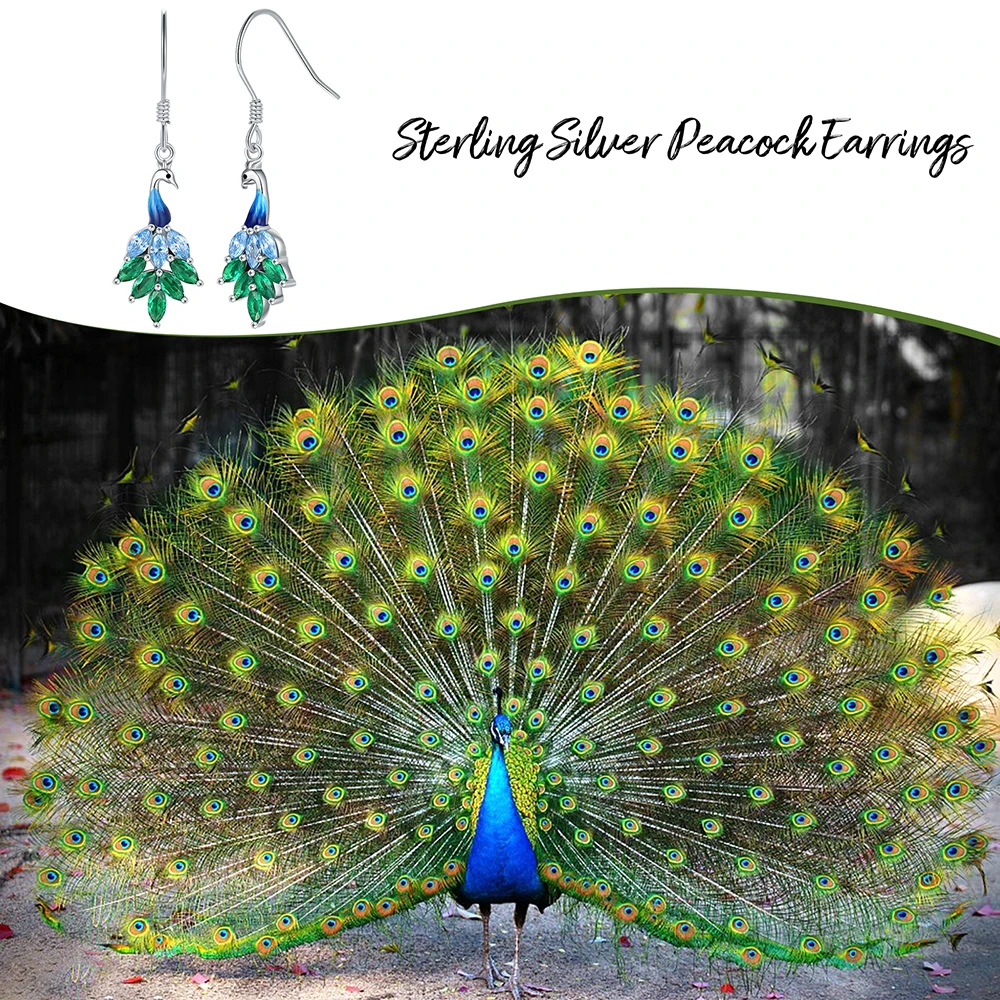 925 Sterling Silver Cute Animal Peacock Feather Dangle Earrings With Zircon Mother's day Jewelry Birthday Gifts for Women Mom