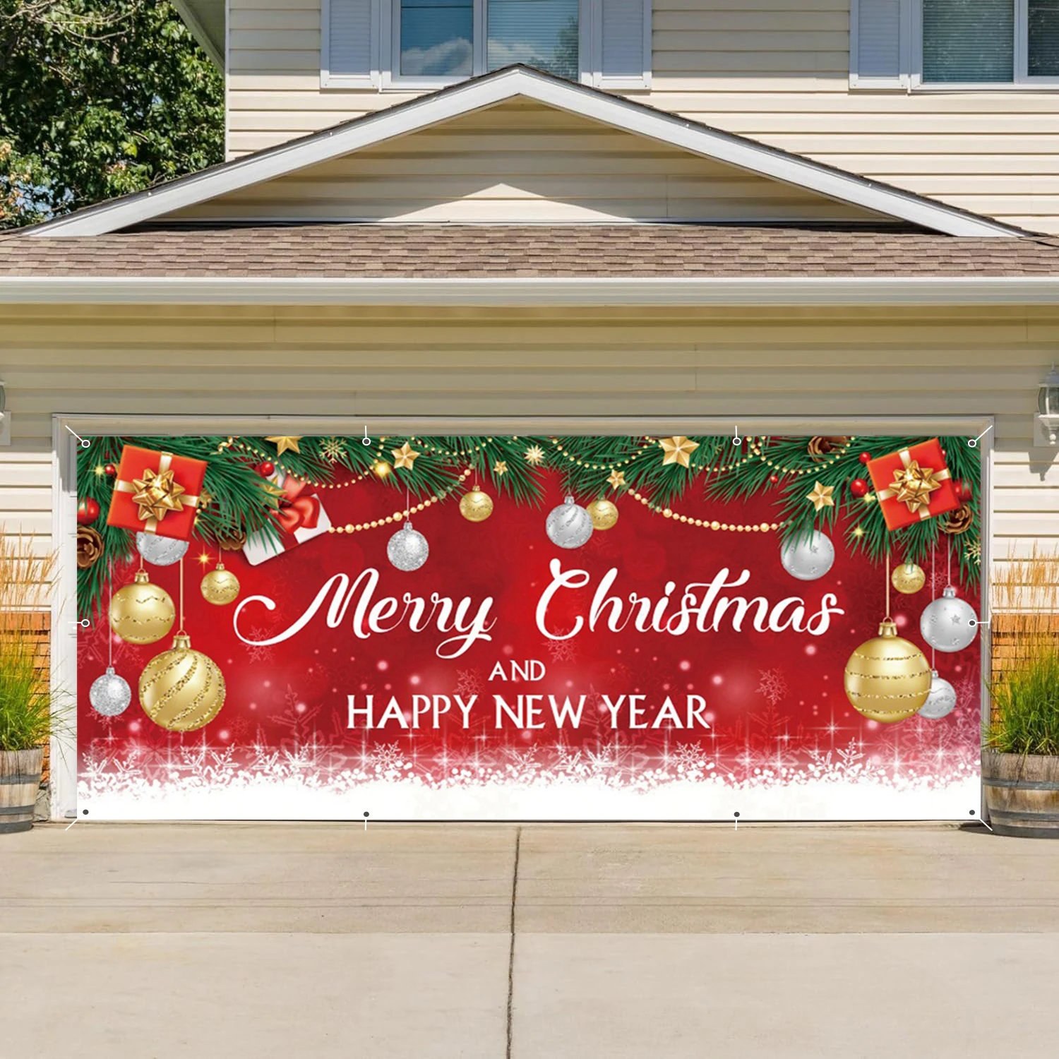 Merry Christmas Garage Wall Background Banner Happy New Year Red Glitter Snowflake Bell Xmas Wreath Gift Decor Garage Door Frame