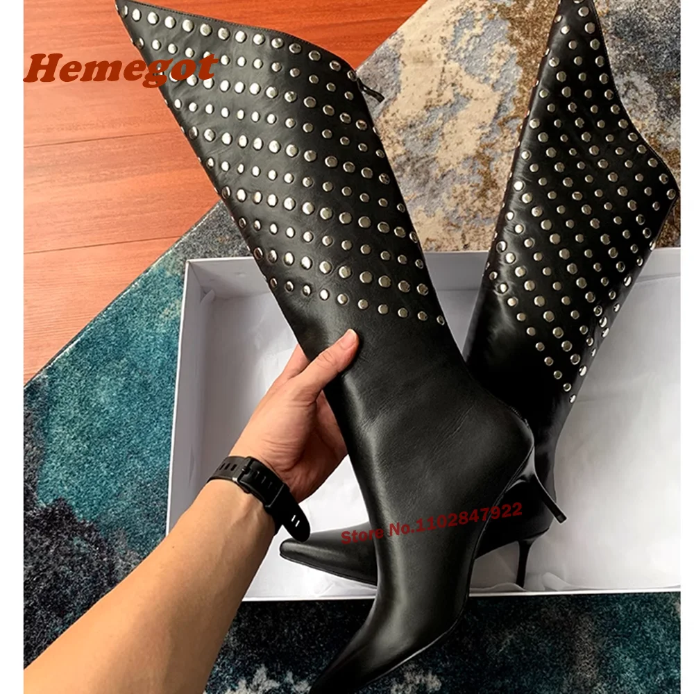 Sepatu bot wanita hak tinggi ujung runcing, sepatu bot kulit polos ritsleting belakang hitam, sepatu bot kasual ukuran besar 44 untuk musim dingin mewah