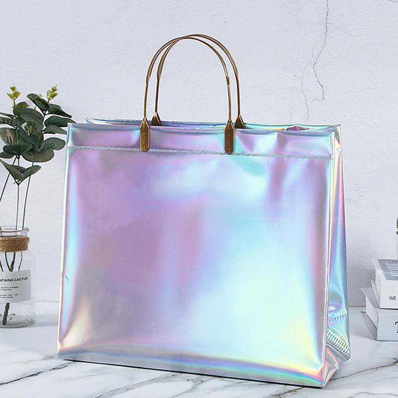 Iridescent Luxury Glossy Clothing Store Tote  Metal Gift Plastic Bag Gashion Women\'s Shopping Nag Wholesale