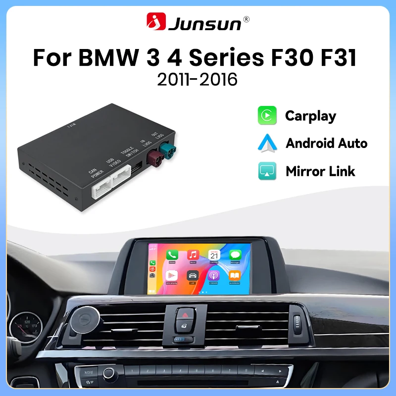 Adaptateur sans fil Junsun CarPlay Android Auto pour BMW série 3 4 F30 F31 F32 F33 F34 F35 F36 2013-2019 système NBT EVO Mirror Link AirPlay Bluetooth GPS Navigation