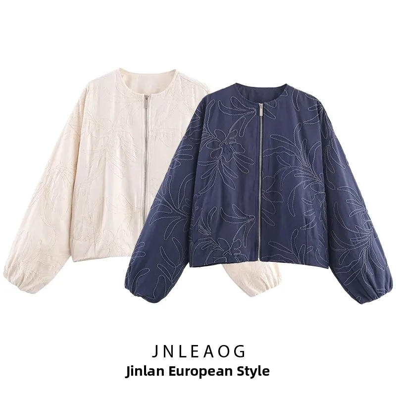 

JNLEAOG модная вышитая верхняя одежда из джета для женщин, осенняя новинка, повседневная свободная посадка из полиэстера, длинная молния све