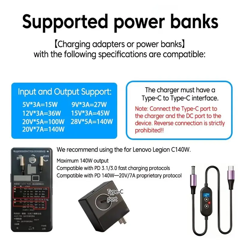 AB25-Type C Boost Cable 140W Booster Cable 140W Booster Cable With 8/34 Connectors For Voltages 5V/9V/12V/15V/20V/28V B