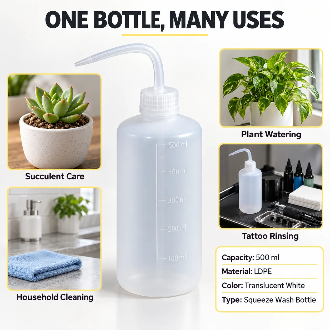500ml LDPE Squeeze Wash Bottle with Curved Nozzle, Graduated Watering Bottle for Succulents, Cleaning and Tattoo Rinsing