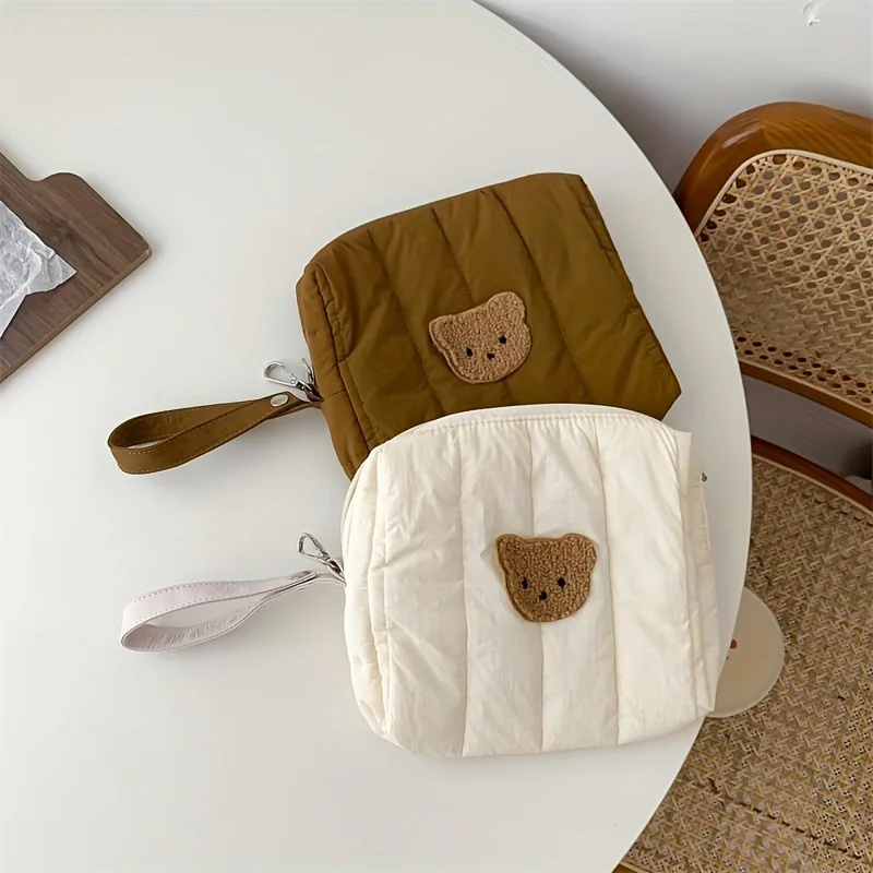 Cute Plush Bear Decor Cosmetic Pouch, Zipper Versatile Cosmetic Bag, All-Match Storage Bag