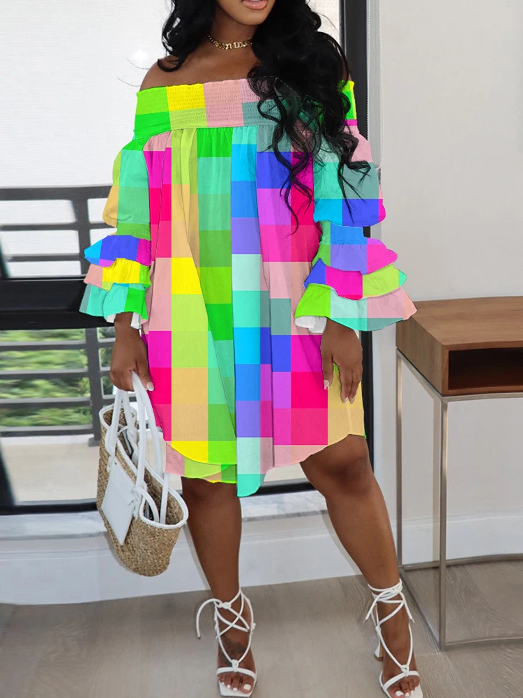 Plus Size Geometric Print Off Shoulder Casual Dress